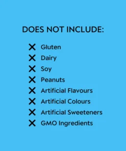 List of ingredients not included: gluten, dairy, soy, peanuts, artificial flavors, colors, sweeteners, and GMO ingredients on blue background.