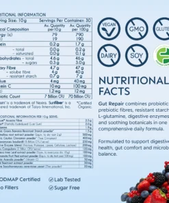 Nutritional facts for Gut Repair powder with probiotic count, fiber, vitamins, no GMO, gluten, dairy, soy, vegan, FODMAP certified, and detailed ingredient list.