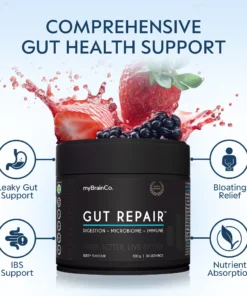 Black container of myBrainCo Gut Repair supplement with berry flavor and splashing berries, highlighting gut health benefits like leaky gut, IBS support, bloating relief, and nutrient absorption.