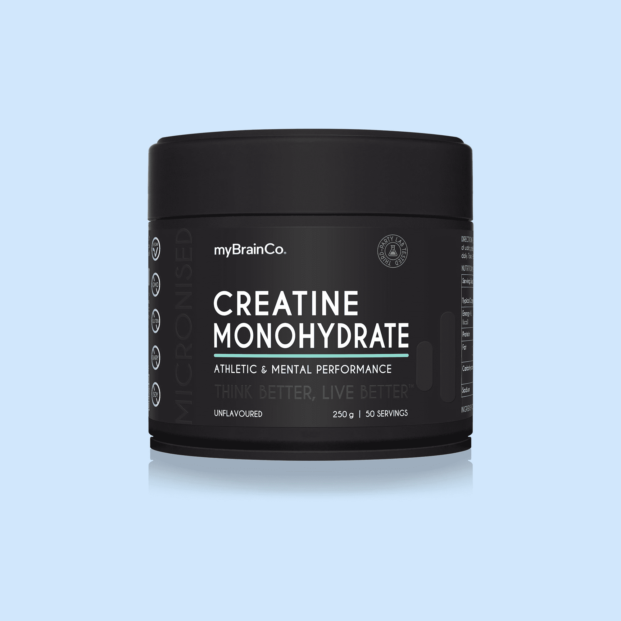 Container of myBrainCo creatine monohydrate powder for athletic and mental performance, unflavored, 250g with 50 servings