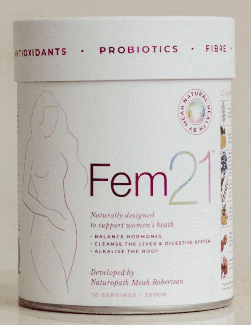 Container of Fem21 supplement designed to support women's health by balancing hormones, cleansing liver and digestion, and alkalising the body.