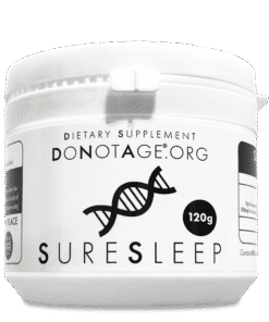 White container of dietary supplement labeled DONOTAGE.ORG SURE SLEEP with a DNA strand graphic and 120g weight indication