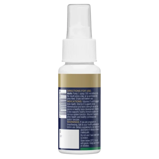 Supplement use directions and warnings on a spray bottle label listing Vitamins D and K for bone and cardiovascular health.