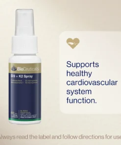 Bottle of BioCeuticals D3 + K2 Spray with 25 mcg colecalciferol and 45 mcg menaquinone, supporting cardiovascular health.
