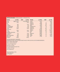 Nutritional information label showing serving size 60g with 18g protein, 20g carbohydrates, and vitamins A, B12, C, and E.