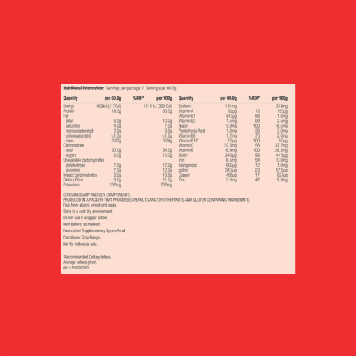 Nutritional information label showing serving size 60g with 18g protein, 20g carbohydrates, and vitamins A, B12, C, and E.