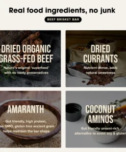 Ingredients of beef brisket bar including dried organic grass-fed beef, dried currants, amaranth, and coconut aminos.