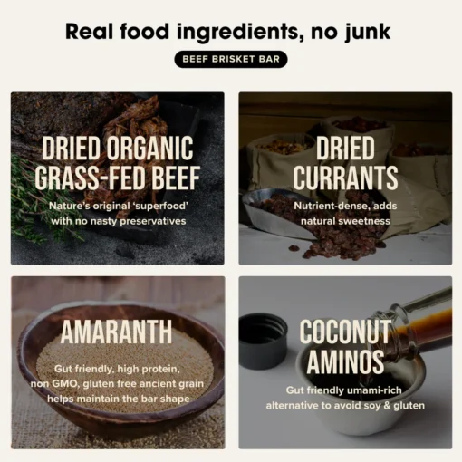 Ingredients of beef brisket bar including dried organic grass-fed beef, dried currants, amaranth, and coconut aminos.