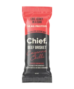Protein bar labeled Chief Beef Brisket Cayenne Chilli with 18.4g protein and grass-fed Aussie beef.