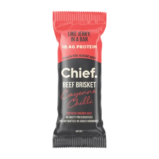 Protein bar labeled Chief Beef Brisket Cayenne Chilli with 18.4g protein and grass-fed Aussie beef.