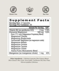 Supplement facts label showing serving size of 2 capsules with Vitamin B6 (2 mg), Elemental Magnesium (500 mg), and Manganese (1 mg).