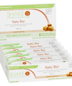 Box of Metagenics Shake It Keto Bars, caramel flavor, each with 19.2g protein, 2.8g carbs, 202 calories, free from gluten and artificial colors.
