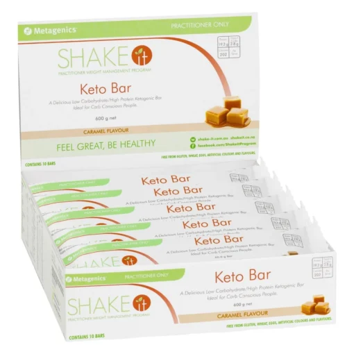 Box of Metagenics Shake It Keto Bars, caramel flavor, each with 19.2g protein, 2.8g carbs, 202 calories, free from gluten and artificial colors.