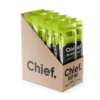 Display box of Chief beef brisket bars with 16.4g protein, slow dried for tenderness.