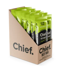 Display box of Chief beef brisket bars with 16.4g protein, slow dried for tenderness.