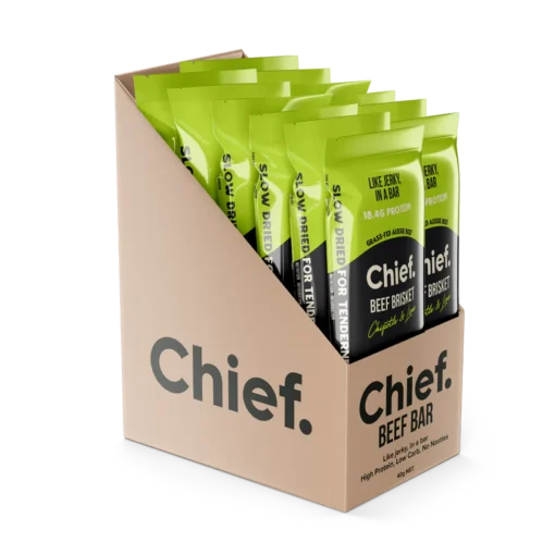 Display box of Chief beef brisket bars with 16.4g protein, slow dried for tenderness.