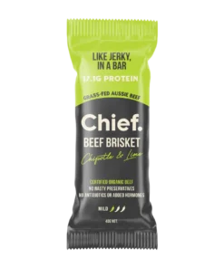 Packaging of Chief Beef Brisket bar with 17.1g protein made from grass-fed Australian beef, chipotle and lime flavor, mild heat.