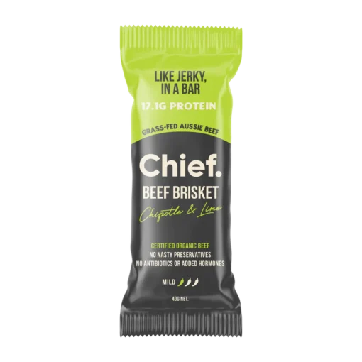 Packaging of Chief Beef Brisket bar with 17.1g protein made from grass-fed Australian beef, chipotle and lime flavor, mild heat.