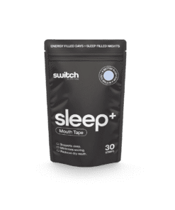 Black resealable pouch labeled Switch Nutrition sleep+ Mouth Tape with 30 strips, promoting support for sleep, minimizing snoring, and reducing dry mouth.
