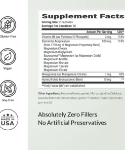 Supplement facts showing vitamin B6, elemental magnesium blend, manganese, and humic/fulvic monoatomic blend with gluten-free, vegan, soy-free, and made in USA icons.