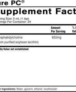 Supplement facts label for Pure PC with 5 mL serving containing 650 mg phosphatidylcholine from purified soybean lecithin.