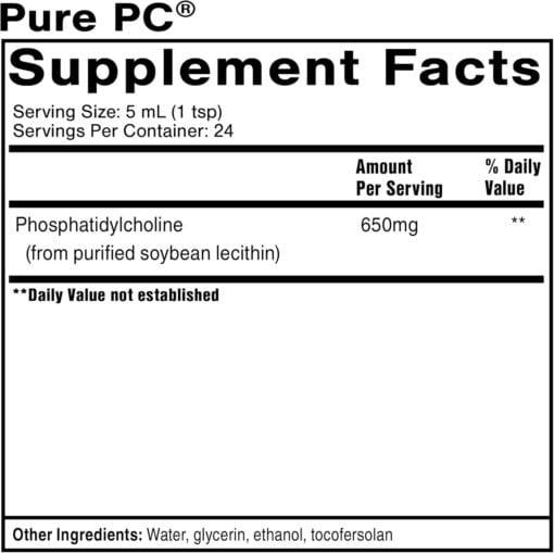 Supplement facts label for Pure PC with 5 mL serving containing 650 mg phosphatidylcholine from purified soybean lecithin.