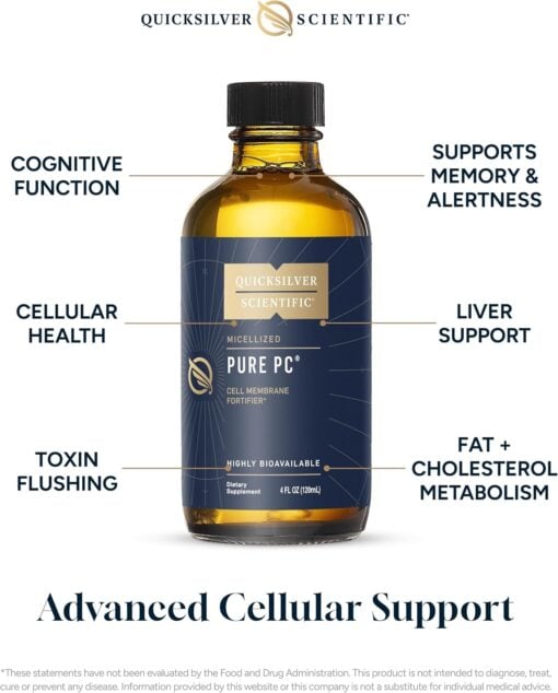 Bottle of Quicksilver Scientific Pure PC liquid supplement labeled as a cell membrane fortifier supporting cognitive function, memory, liver support, and metabolism.