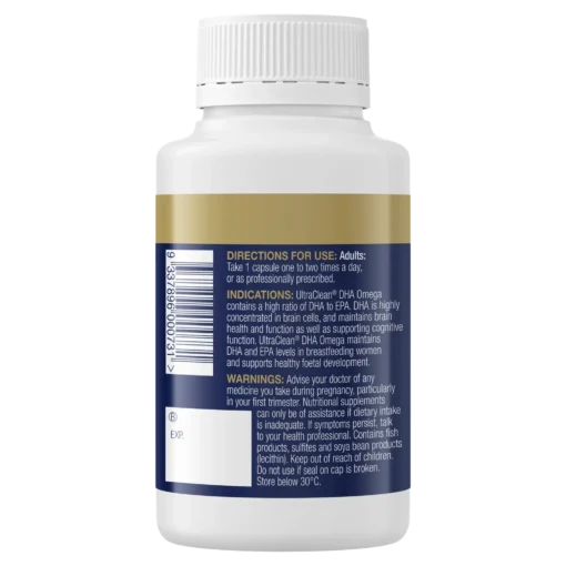 Back view of a white supplement bottle with a gold and blue label showing directions for use, indications, warnings, a barcode, and an expiration date box.