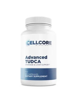 White dietary supplement bottle labeled CellCore Biosciences Advanced TUDCA for drainage and liver support, containing 60 capsules