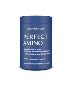 Blue container of BodyHealth Perfect Amino dietary supplement with white text detailing essential amino acids, nucleic acid building blocks, and containing 150 vegan tablets.