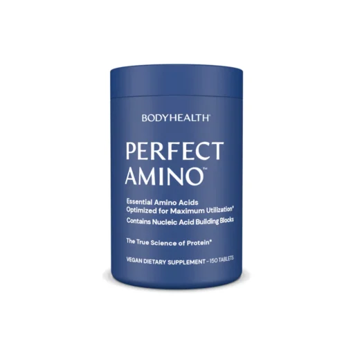 Blue container of BodyHealth Perfect Amino dietary supplement with white text detailing essential amino acids, nucleic acid building blocks, and containing 150 vegan tablets.