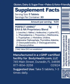Supplement Facts label showing serving size of 5 tablets and 30 servings per container, listing Perfect Amino proprietary blend with 5g per serving including amino acids and nucleotides, manufactured in a cGMP certified facility with contact info and suggested use of taking 5 tablets 1-3 times daily, gluten, dairy, and sugar free, paleo and keto-friendly, with a barcode and QR code.