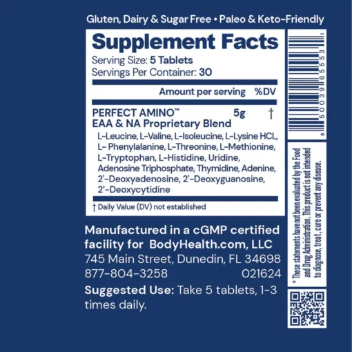 Supplement Facts label showing serving size of 5 tablets and 30 servings per container, listing Perfect Amino proprietary blend with 5g per serving including amino acids and nucleotides, manufactured in a cGMP certified facility with contact info and suggested use of taking 5 tablets 1-3 times daily, gluten, dairy, and sugar free, paleo and keto-friendly, with a barcode and QR code.