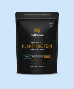 Package of myBrainCo Performance Plant Protein with 20.1g protein and 3.37g BCAAs per serving, natural chocolate flavor, 900g total.
