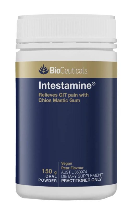 Container of BioCeuticals Intestamine oral powder, 150g, vegan pear flavour, for GIT pain relief with Chios Mastic Gum.