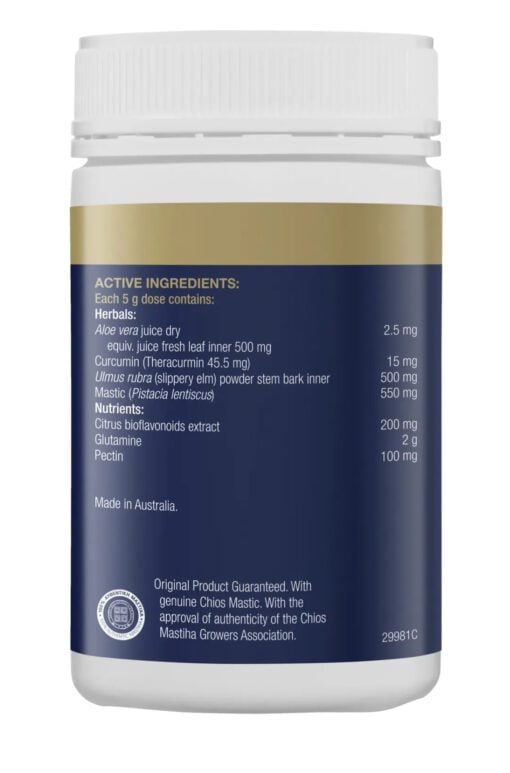 Supplement facts label listing active ingredients including aloe vera juice, curcumin 15 mg, slippery elm 500 mg, mastic 550 mg, citrus bioflavonoids 200 mg, glutamine 2 g, and pectin 100 mg per 5 g dose.