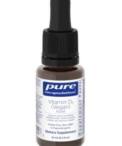 Bottle of Pure Encapsulations Vegan Vitamin D3 liquid dietary supplement, 10 ml.