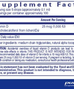 Supplement facts label showing serving size of 5 drops with 25 mcg (1,000 IU) of vitamin D per serving and caution about overdose risks for infants.