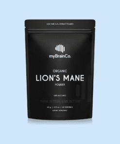 Black resealable pouch of organic Lion's Mane powder dietary supplement by myBrainCo, 60 grams for 60 servings.