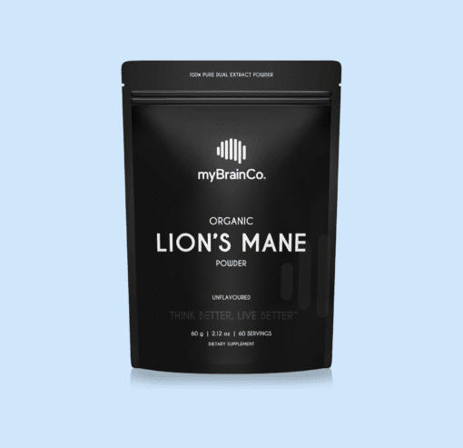 Black resealable pouch of organic Lion's Mane powder dietary supplement by myBrainCo, 60 grams for 60 servings.
