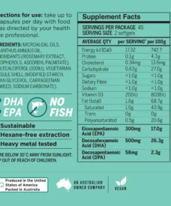 Supplement facts label with directions, ingredients, and nutritional information for 2 softgel capsules. Directions recommend taking 2 capsules per day with food or as advised by a healthcare professional. Ingredients include microalgal oils, sunflower oil, antioxidants, cholecalciferol, and vegetarian capsule shell components. Nutritional breakdown shows energy, protein, cholesterol, carbohydrates, sugars, dietary fiber, sodium, vitamin D3, total fat, saturated fat, trans fat, polyunsaturated fat, EPA, DHA, and DPA amounts per serving and per 100g. Labels emphasize no fish, sustainable, hexane-free extraction, heavy metal tested, and vegan. The product is produced in the USA and packed in Australia by an Australian-owned company, with storage instructions and a disclaimer about the product not diagnosing, treating, curing, or preventing disease.