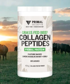 Container of Primal Collective Grass Fed Beef Collagen Peptides protein powder with cows grazing in a field at sunset in the background