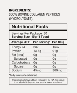 Ingredients list showing 100% bovine collagen peptides (hydrolysate) and nutritional facts with servings per package 30, serving size 15g (1 tbsp), energy 232 kJ per serving, protein 13.6g, fat total 0g, saturated fat 0g, carbohydrate 0g, sugars 0g, sodium 45mg, and disclaimer about daily values not established and TGA evaluation.