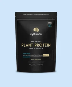 Black bag of myBrainCo Performance Plant Protein powder with 21.3g protein, 3.72g BCAAs, natural vanilla flavor, 900g, 30 servings.