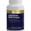 Bottle of BioCeuticals UltraClean DHA Omega dietary supplement with 60 capsules, featuring a gold and dark blue label detailing omega-3 triglycerides and fatty acid content.