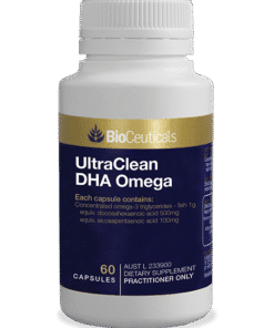 Bottle of BioCeuticals UltraClean DHA Omega dietary supplement with 60 capsules, featuring a gold and dark blue label detailing omega-3 triglycerides and fatty acid content.