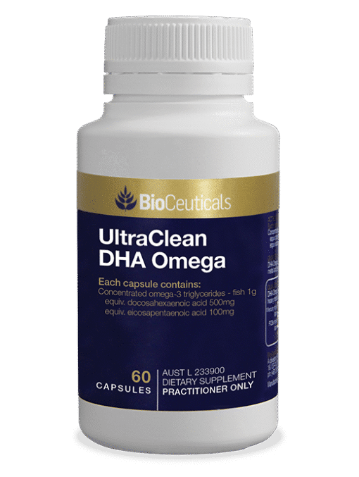 Bottle of BioCeuticals UltraClean DHA Omega dietary supplement with 60 capsules, featuring a gold and dark blue label detailing omega-3 triglycerides and fatty acid content.