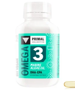 White bottle of Primal Collective Omega 3 Marine Algae Oil DHA-EPA with 90 vegetable softgels, alongside one yellow softgel capsule