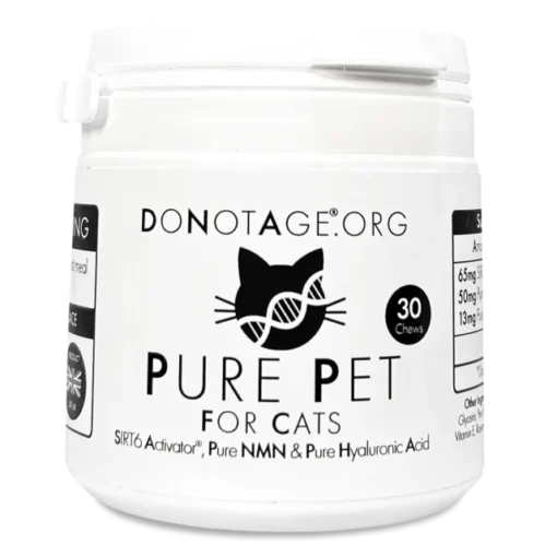 White container of DONOTAGE.ORG Pure Pet supplement for cats with SIRT6 Activator, NMN, and Hyaluronic Acid, containing 30 chews, featuring a black cat head logo with a DNA strand graphic.
