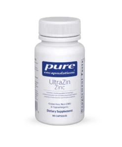 White bottle of Pure Encapsulations UltraZin Zinc dietary supplement with 90 capsules, gluten-free, non-GMO, and hypoallergenic, featuring supplement facts on the side.